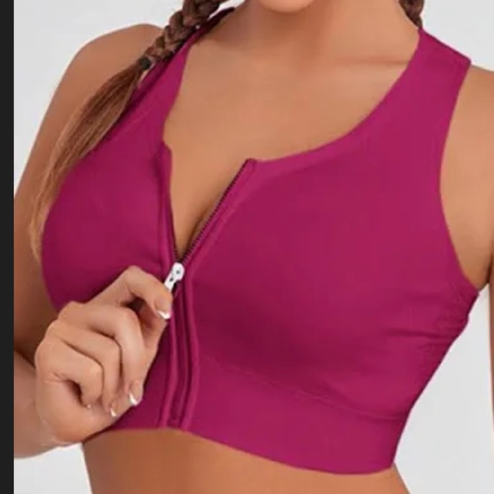 Sports Bra Red High Impact Compression Workout Gym Top Front Zipper